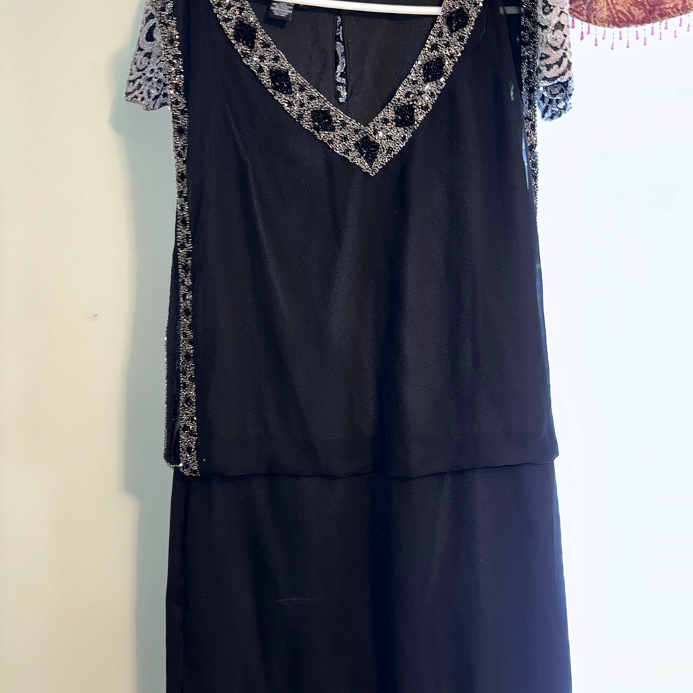 Elegant Black Lace Trim Dress embroidered size 10 black with silver